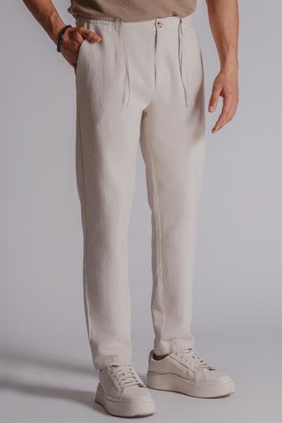 Erkek Yandan Cepli Beli Lastikli Keten Karışımlı Relaxed Fit Bej