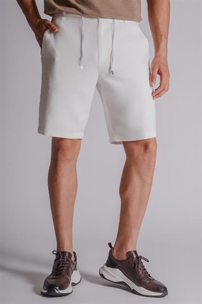 Erkek Yandan Cepli Beli Lastikli Keten Görünümlü Relaxed Fit Chino Şort Ekru