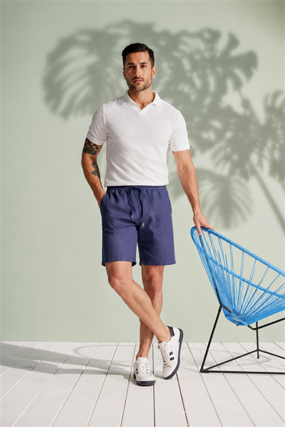 Erkek Yandan Cepli Beli Lastikli Keten Dokulu Relaxed Fit Jogger Şort Lacivert