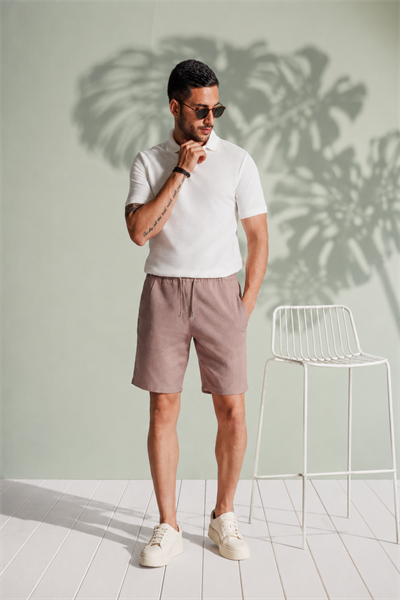 Erkek Yandan Cepli Beli Lastikli Keten Dokulu Relaxed Fit Jogger Şort Vizon