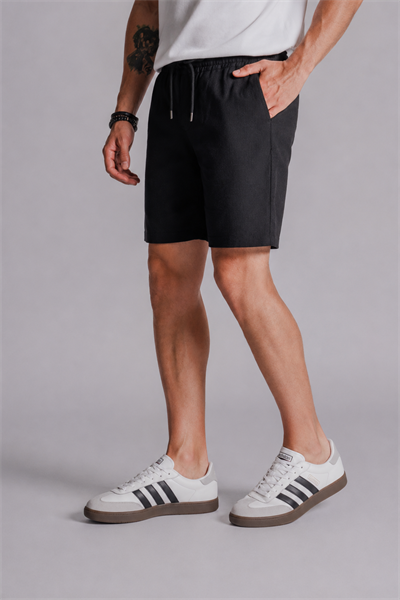 Erkek Yandan Cepli Beli Lastikli Keten Dokulu Relaxed Fit Jogger Şort Siyah