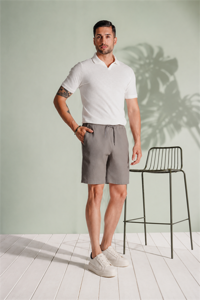Erkek Yandan Cepli Beli Lastikli Keten Dokulu Relaxed Fit Jogger Şort Haki