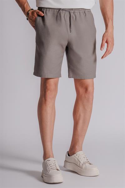 Erkek Yandan Cepli Beli Lastikli Keten Dokulu Relaxed Fit Jogger Şort Haki
