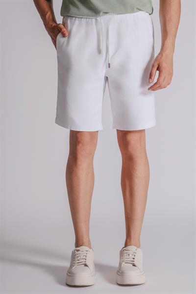 Erkek Yandan Cepli Beli Lastikli Keten Dokulu Relaxed Fit Jogger Şort Beyaz