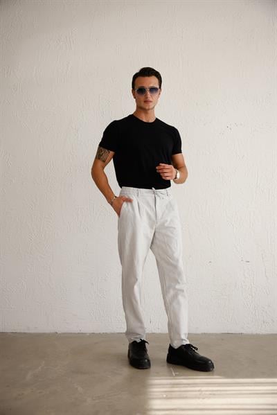 Erkek Yandan Cepli Beli Lastikli Keten Karışımlı Relaxed Fit Gri