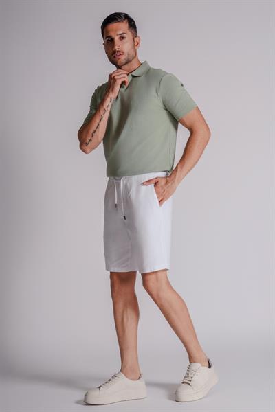 Erkek Yandan Cepli Beli Lastikli Keten Dokulu Relaxed Fit Jogger Şort Beyaz