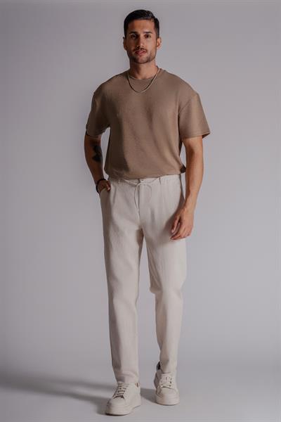 Erkek Yandan Cepli Beli Lastikli Keten Karışımlı Relaxed Fit Bej