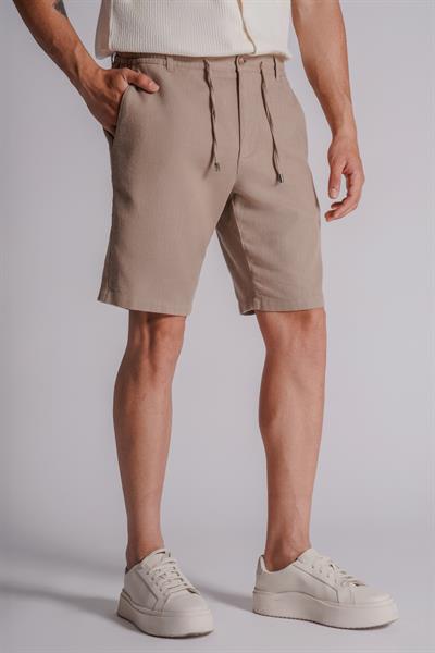 Erkek Yandan Cepli Beli Lastikli Keten Görünümlü Relaxed Fit Chino Şort Vizon