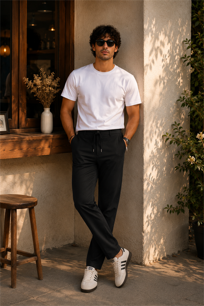 Erkek Yandan Cepli Beli Lastikli Relaxed Fit Chino Pantolon Siyah