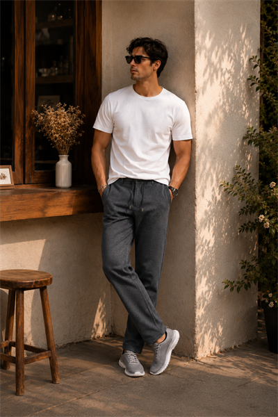 Erkek Yandan Cepli Beli Lastikli Relaxed Fit Chino Pantolon Antrasit