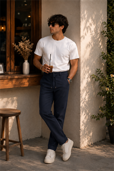 Erkek Yandan Cepli Beli Lastikli Relaxed Fit Chino Pantolon Lacivert