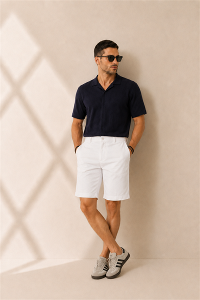 Erkek Yandan Cepli Klasik Bel Relaxed Fit Chino Şort Beyaz