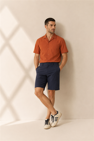 Erkek Yandan Cepli Klasik Bel Relaxed Fit Chino Şort Lacivert
