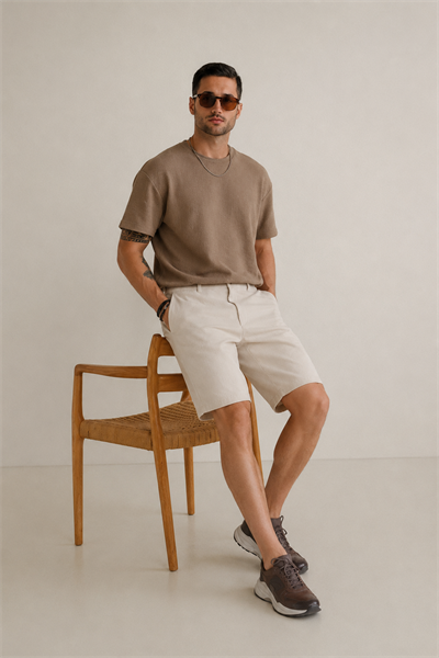 Erkek Yandan Cepli Klasik Bel Slim Fit Chino Şort Bej