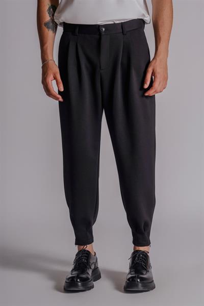 Erkek Yandan Cepli Pileli Klasik Bel Paça Fermuar Detaylı Siyah