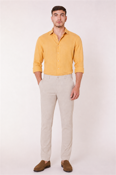 Erkek Yandan Cepli Slim Fit Bej Chino Pantolon