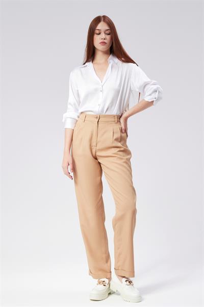 Kadın Beli Yarım Lastikli Çift Pilili Duble Paça Pantolon Taş