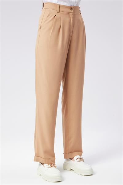 Kadın Beli Yarım Lastikli Çift Pilili Duble Paça Pantolon Taş