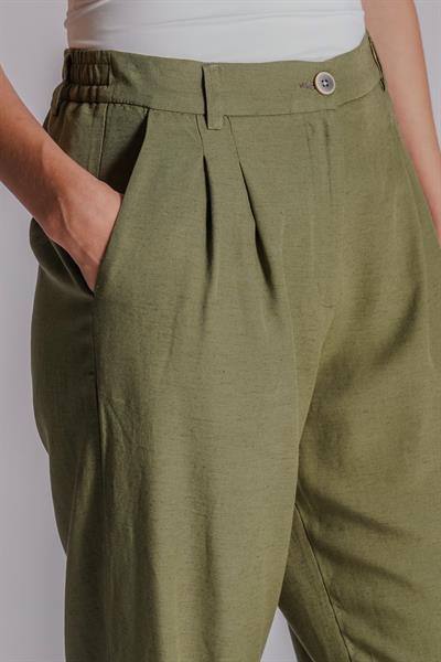 Kadın Beli Yarım Lastikli Çift Pilili Duble Paça Pantolon Taş