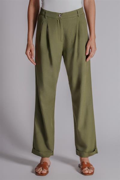 Kadın Beli Yarım Lastikli Çift Pilili Duble Paça Pantolon Taş