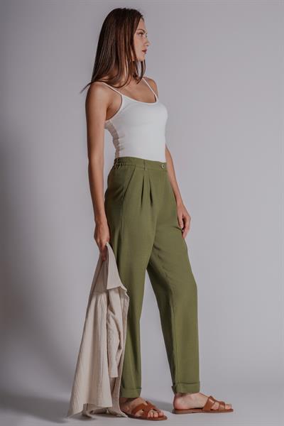 Kadın Beli Yarım Lastikli Çift Pilili Duble Paça Pantolon Taş