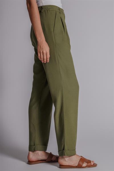 Kadın Beli Yarım Lastikli Çift Pilili Duble Paça Pantolon Taş