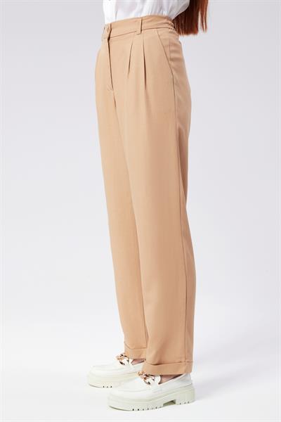 Kadın Beli Yarım Lastikli Çift Pilili Duble Paça Pantolon Taş