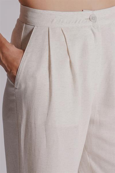 Kadın Çift Pilili Arka Cep Fleto Keten Karışımlı Chino Pantolon Naturel