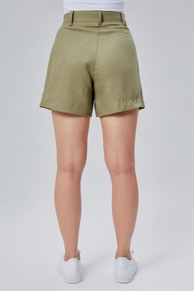 Kadın Kemer Detaylı Pileli Haki Şort