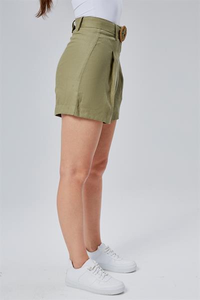 Kadın Kemer Detaylı Pileli Haki Şort