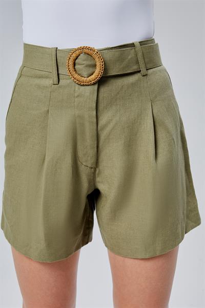 Kadın Kemer Detaylı Pileli Haki Şort
