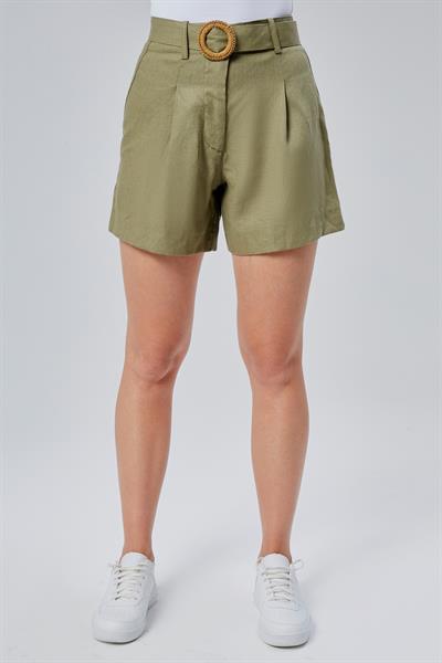 Kadın Kemer Detaylı Pileli Haki Şort
