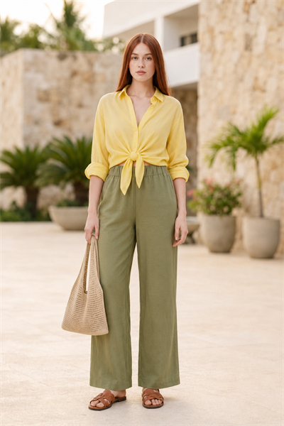 Kadın Keten Görünümlü Yandan Cepli Beli Lastikli Relaxed Fit Pantolon Haki