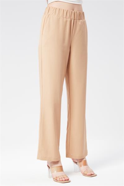 Kadın Keten Görünümlü Yandan Cepli Beli Lastikli Relaxed Fit Pantolon Taş
