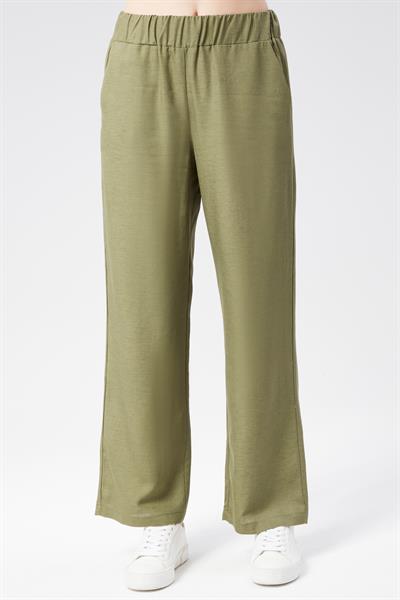 Kadın Keten Görünümlü Yandan Cepli Beli Lastikli Relaxed Fit Pantolon Haki