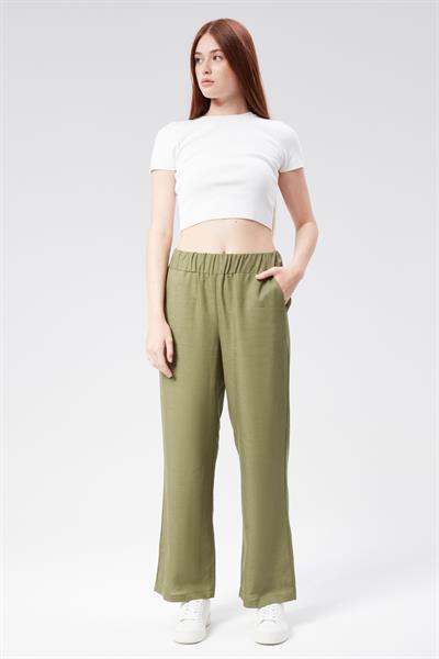 Kadın Keten Görünümlü Yandan Cepli Beli Lastikli Relaxed Fit Pantolon Haki
