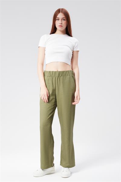 Kadın Keten Görünümlü Yandan Cepli Beli Lastikli Relaxed Fit Pantolon Haki