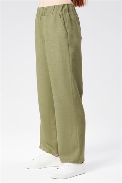 Kadın Keten Görünümlü Yandan Cepli Beli Lastikli Relaxed Fit Pantolon Haki