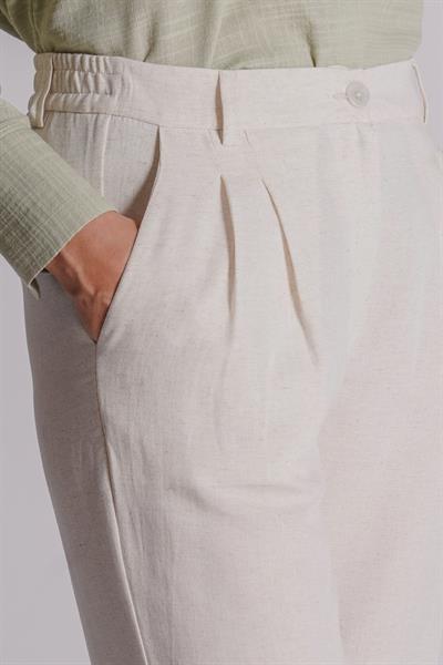 Kadın Keten Karışımlı Beli Yarım Lastikli Çift Pilili Duble Paça Pantolon Naturel