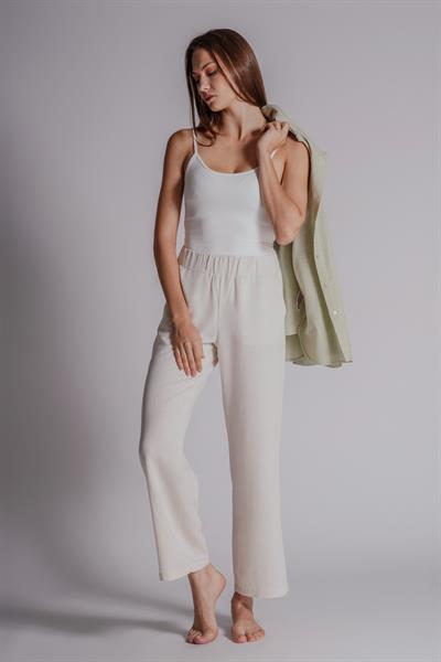 Kadın Keten Karışımlı Yandan Cepli Beli Lastikli Relaxed Fit Pantolon Naturel