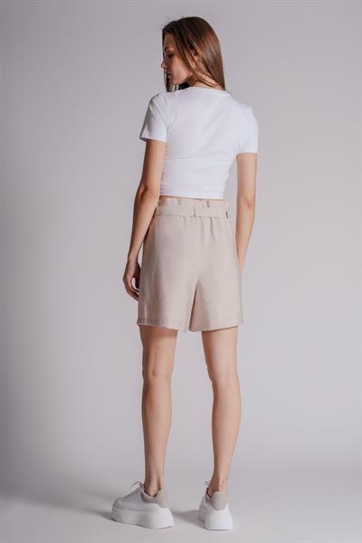 Kadın Pileli Beli Lastikli ve Kuşaklı Düğmeli Jogger Şort Taş