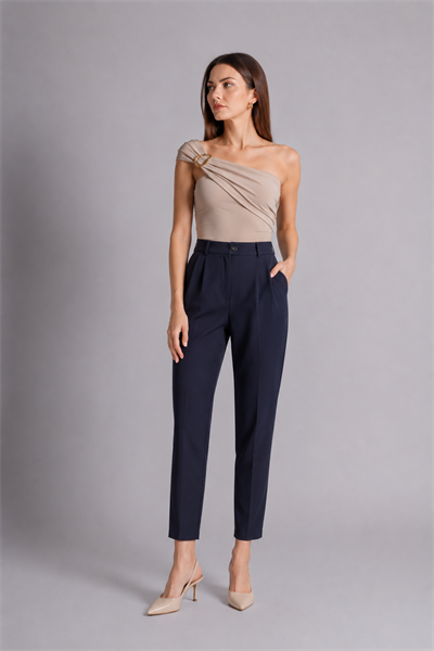 Kadın Yandan Cepli Arka Cep Fleto Beli Lastikli ve Pilili Slim Fit Pantolon Lacivert