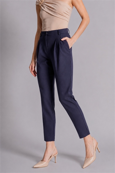 Kadın Yandan Cepli Arka Cep Fleto Beli Lastikli ve Pilili Slim Fit Pantolon Lacivert