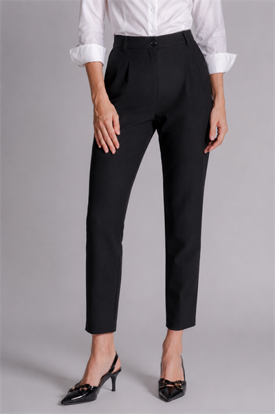 Kadın Yandan Cepli Arka Cep Fleto Beli Lastikli ve Pilili Slim Fit Pantolon Siyah
