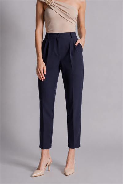 Kadın Yandan Cepli Arka Cep Fleto Beli Lastikli ve Pilili Slim Fit Pantolon Lacivert