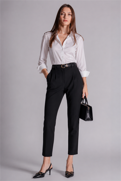 Kadın Yandan Cepli Arka Cep Fleto Beli Lastikli ve Pilili Slim Fit Pantolon Siyah