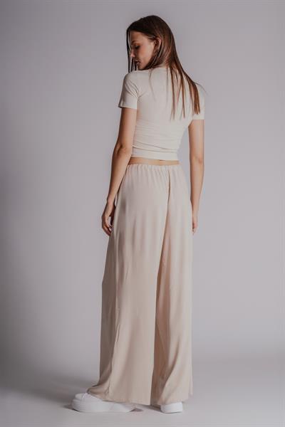 Kadın Yandan Cepli Beli Lastikli Relaxed Fit Pantolon Taş