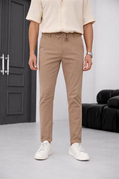 Erkek Vizon Slim Fit Bağcıklı Chino Pantolon