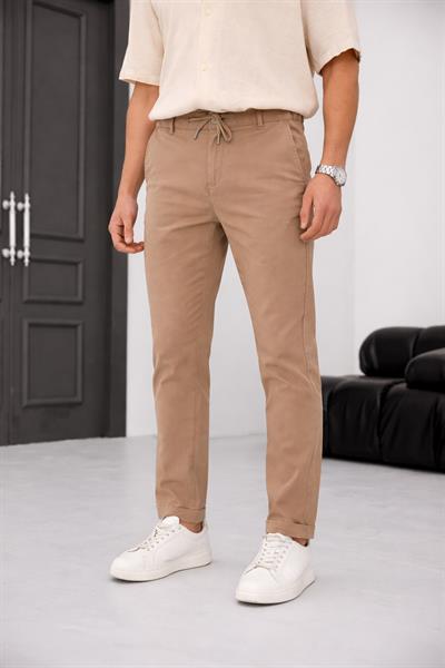 Erkek Vizon Slim Fit Bağcıklı Chino Pantolon