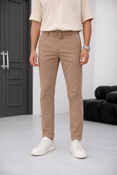 Erkek Vizon Slim Fit Bağcıklı Chino Pantolon